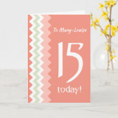 カスタム誕生日フロント15、コーラル、ミントシェブロン カード (黄色い花)