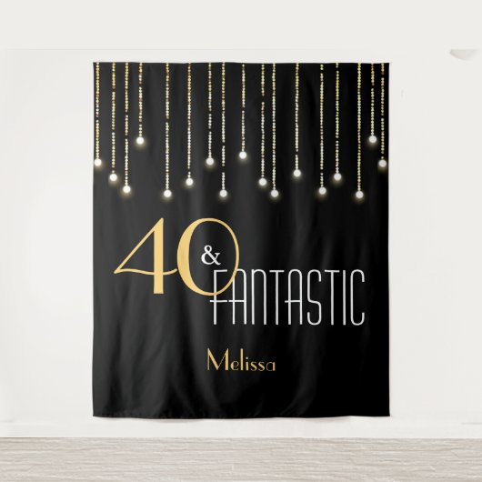 カスタム誕生日ブラック金ゴールドフォトブース背景 タペストリー (正面)