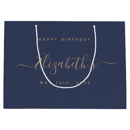 カスタム誕生日ブルーと金ゴールド ラージペーパーバッグ (正面)