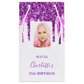 カスタム誕生日ホワイトパープルグリッター乾燥 スモールペーパーバッグ (裏面)