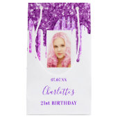 カスタム誕生日ホワイトパープルグリッター乾燥 スモールペーパーバッグ (正面)