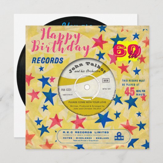 カスタム誕生日招待状レトロビニールレコード45 RPM 招待状 (正面/裏面)