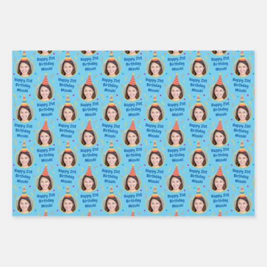 カスタム誕生日贈答品包装紙パーティーハットブルー ラッピングペーパーシート (正面3)