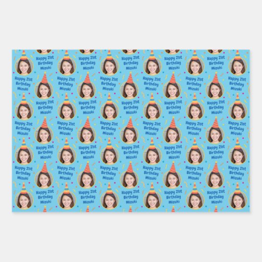 カスタム誕生日贈答品包装紙パーティーハットブルー ラッピングペーパーシート (正面2)