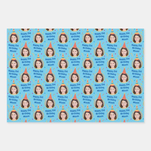 カスタム誕生日贈答品包装紙パーティーハットブルー ラッピングペーパーシート (正面)