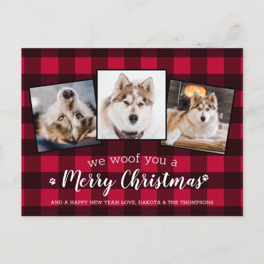 カスタム赤い格子模様のペット写真コラージドッグ恋人 シーズンポストカード (正面)