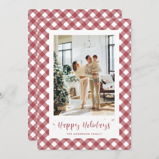 カスタム赤と白Plaidフォトホリデーカード シーズンカード (正面/裏面)