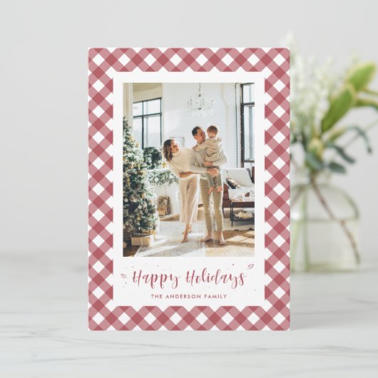 カスタム赤と白Plaidフォトホリデーカード シーズンカード (スタンド正面)