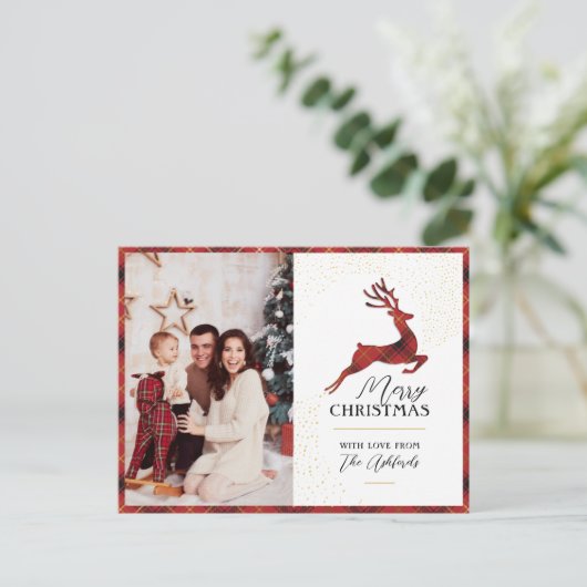 カスタム赤エレガントと金ゴールドの格子模様トナカイと写真 シーズンポストカード (スタンド正面)