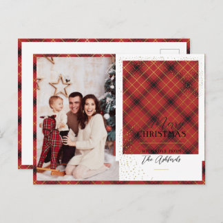 カスタム赤エレガントと金ゴールドの格子模様トナカイと写真 シーズンポストカード