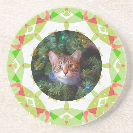 カスタム赤グリーンオレンジのメリークリスマスペットの写真 コースター (正面)