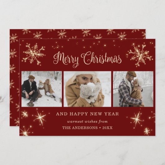 カスタム赤スパークリー雪片フォトコラージュ シーズンカード (正面/裏面)