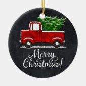 カスタム赤トラックのメリークリスマスカントリー セラミックオーナメント (正面)