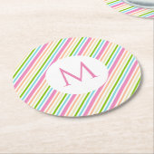 カスタム赤ピンクイエローブルーグリーンホワイトストライプ ラウンドペーパーコースター (アングル)
