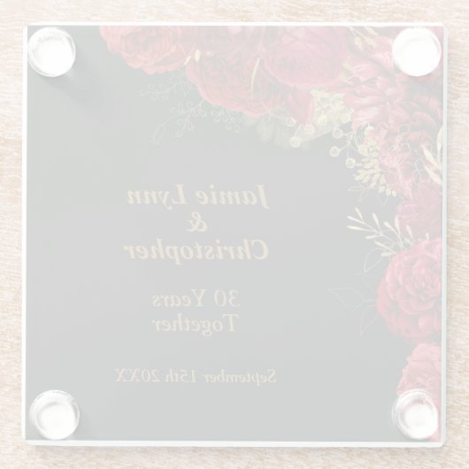 カスタム赤フローラ結婚記念日 ガラスコースター (裏面)