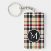 カスタム赤ベージュ白黒正方形の格子模様 キーホルダー (正面)
