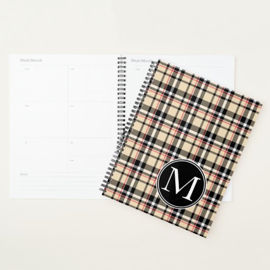 カスタム赤ベージュ白黒正方形の格子模様 プランナー手帳 (ディスプレー)