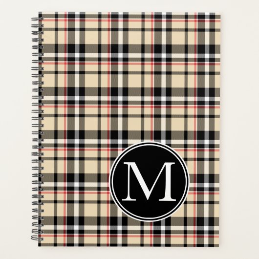 カスタム赤ベージュ白黒正方形の格子模様 プランナー手帳 (正面)