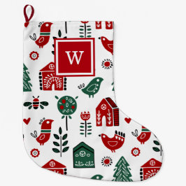 カスタム赤モノグラムの緑スカンジナビア ラージクリスマスストッキング