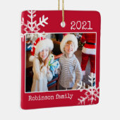 カスタム赤写真ホワ縁どイトスノーフレークスホリデー セラミックオーナメント (右)