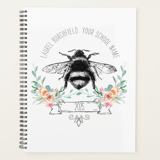 カスタム赤面エレガントピンクグリーンビーフローラスクール プランナー手帳 (正面)