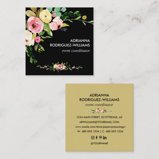 カスタム赤面パーソナライズされたボホフラワーズネーム小 スクエア名刺 (正面/裏面)