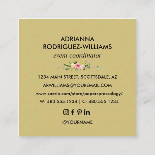 カスタム赤面パーソナライズされたボホフラワーズネーム小 スクエア名刺 (裏面)