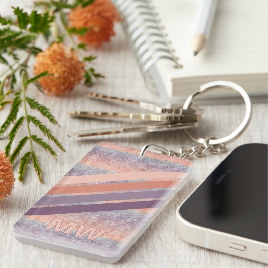 カスタム赤面パープルレトロコーラルオレンジストライプ色 キーホルダー (正面右)