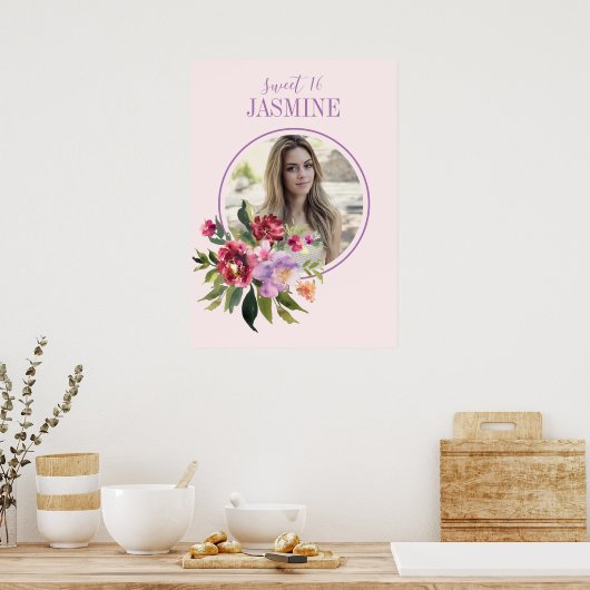 カスタム赤面ピンク水彩フローラ誕生日 ポスター (キッチン)