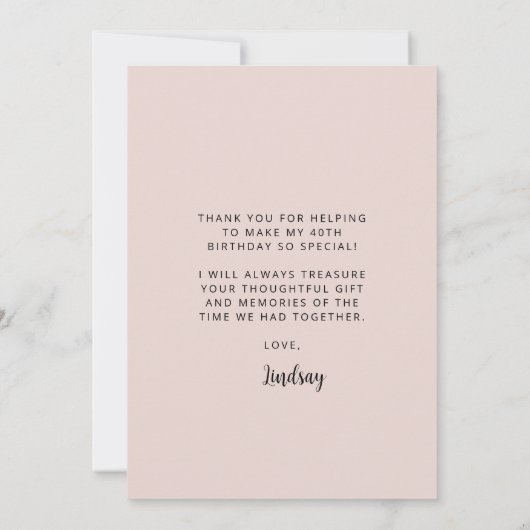 カスタム赤面ピンク40歳の誕生日パーティー サンキューカード (裏面)