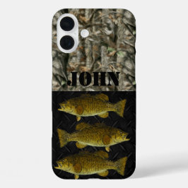 カスタム迷彩柄素朴Smallmouth Bass Name魚釣り iPhone 16 Plusケース