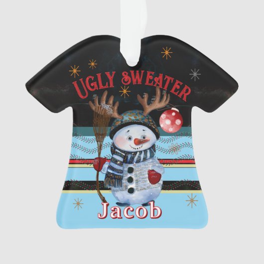 カスタム醜いスウェーター - 鹿の角の生えた雪だるまクリスマス オーナメント (正面)