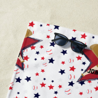 カスタム野球こうもりボール&スターオンホワイト ビーチタオル