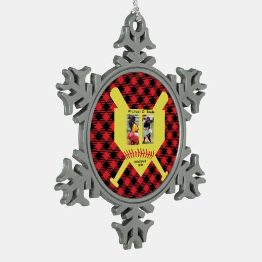 カスタム野球名、フォトコラージュ スノーフレークピューターオーナメント (左)