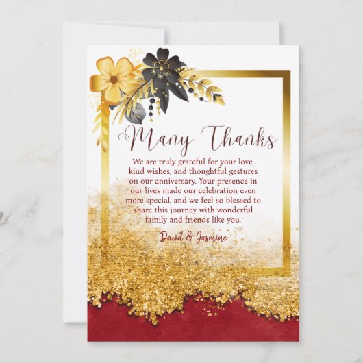 カスタム金ゴールドとブルゴーニュ結婚・フォラルの記念日 サンキューカード (正面)