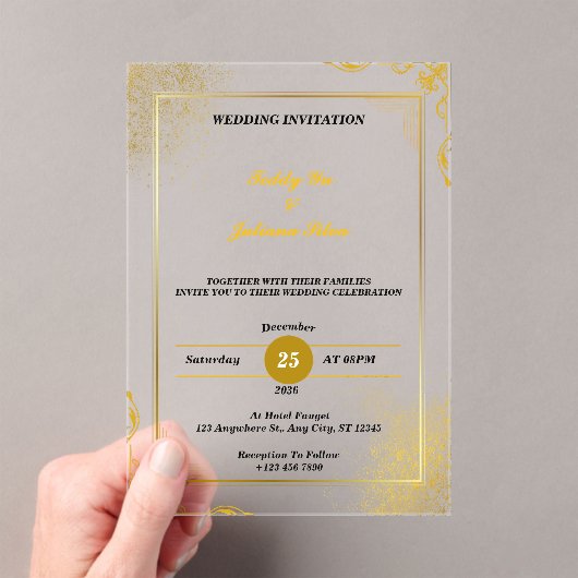 カスタム金ゴールドと家族の結婚家族 アクリル招待状 (インサイチュ (ポータブル))