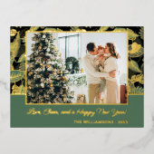 カスタム金ゴールドと緑林の木の葉パターン 箔シーズンポストカード (正面)