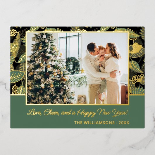 カスタム金ゴールドと緑林の木の葉パターン 箔シーズンポストカード (正面)