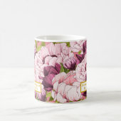 カスタム金ゴールドのビジネス名エレガントピンク牡丹 コーヒーマグカップ (中央)