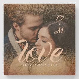 カスタム金ゴールドグリッターカップル写真モノグラムの ストーンコースター