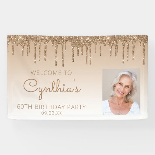 カスタム金ゴールドグリッタードリップ60th誕生日パーティー 横断幕 (横)