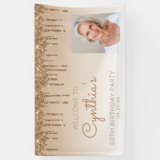 カスタム金ゴールドグリッタードリップ60th誕生日パーティー 横断幕 (縦)