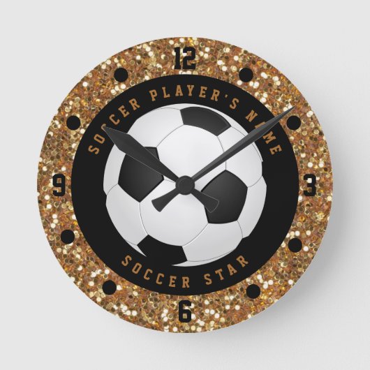 カスタム金ゴールドフェイクグリッターサッカーボールフットボール ラウンド壁時計 (正面)