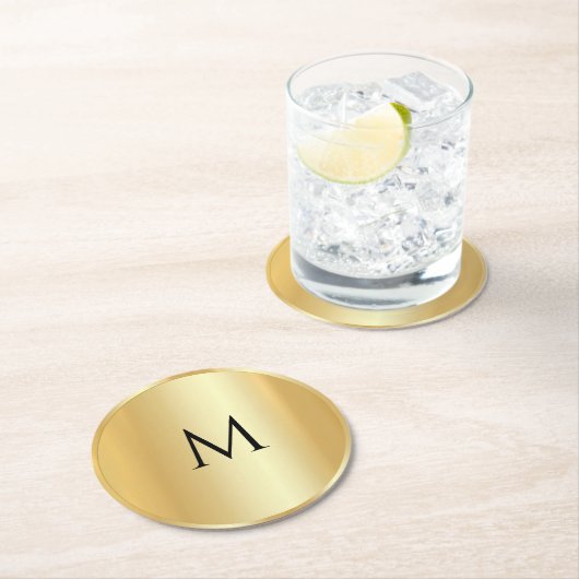 カスタム金ゴールドフェイクトレンディーモノグラムモダンテンプレート ラウンドペーパーコースター (インサイチュ)