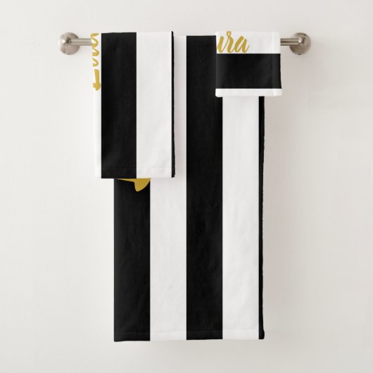 カスタム金ゴールドフェイク文字オン白黒ストライプの バスタオルセット (インサイチュ)