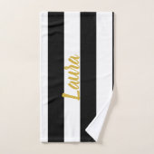 カスタム金ゴールドフェイク文字オン白黒ストライプの バスタオルセット (ハンドタオル)