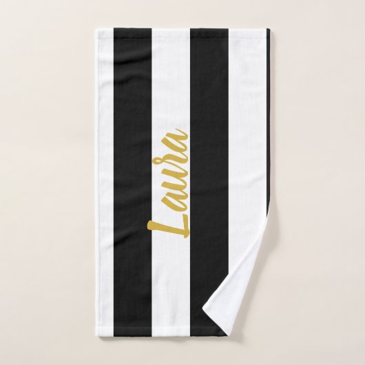 カスタム金ゴールドフェイク文字オン白黒ストライプの バスタオルセット (ハンドタオル)