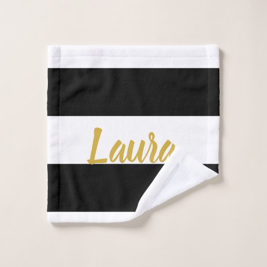 カスタム金ゴールドフェイク文字オン白黒ストライプの バスタオルセット (ウォッシュタオル)