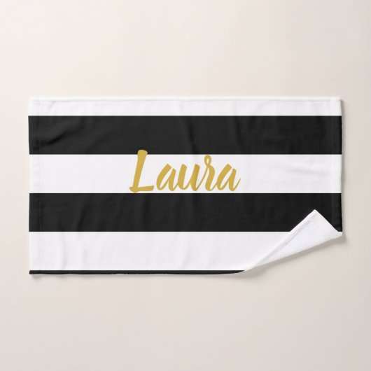 カスタム金ゴールドフェイク文字オン白黒ストライプの バスタオルセット (ハンドタオル)
