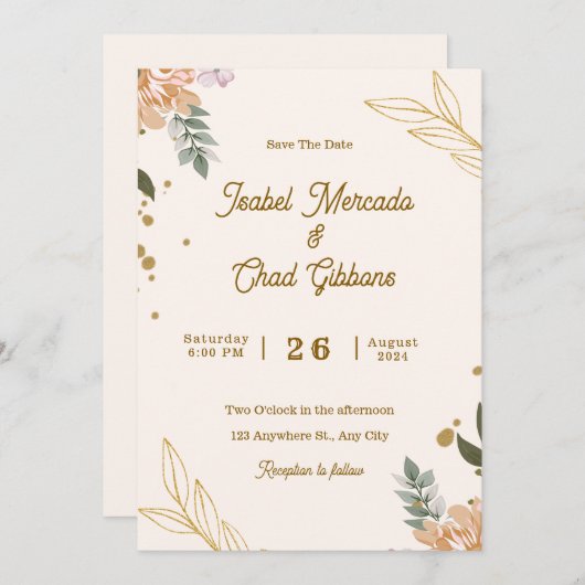 カスタム金ゴールドフローラ結婚 招待状 (正面/裏面)